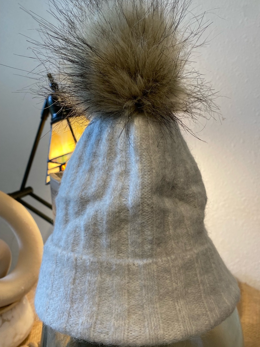 AUXILIARY Soft
Light Grey Beanie with Tan Pom-Pom